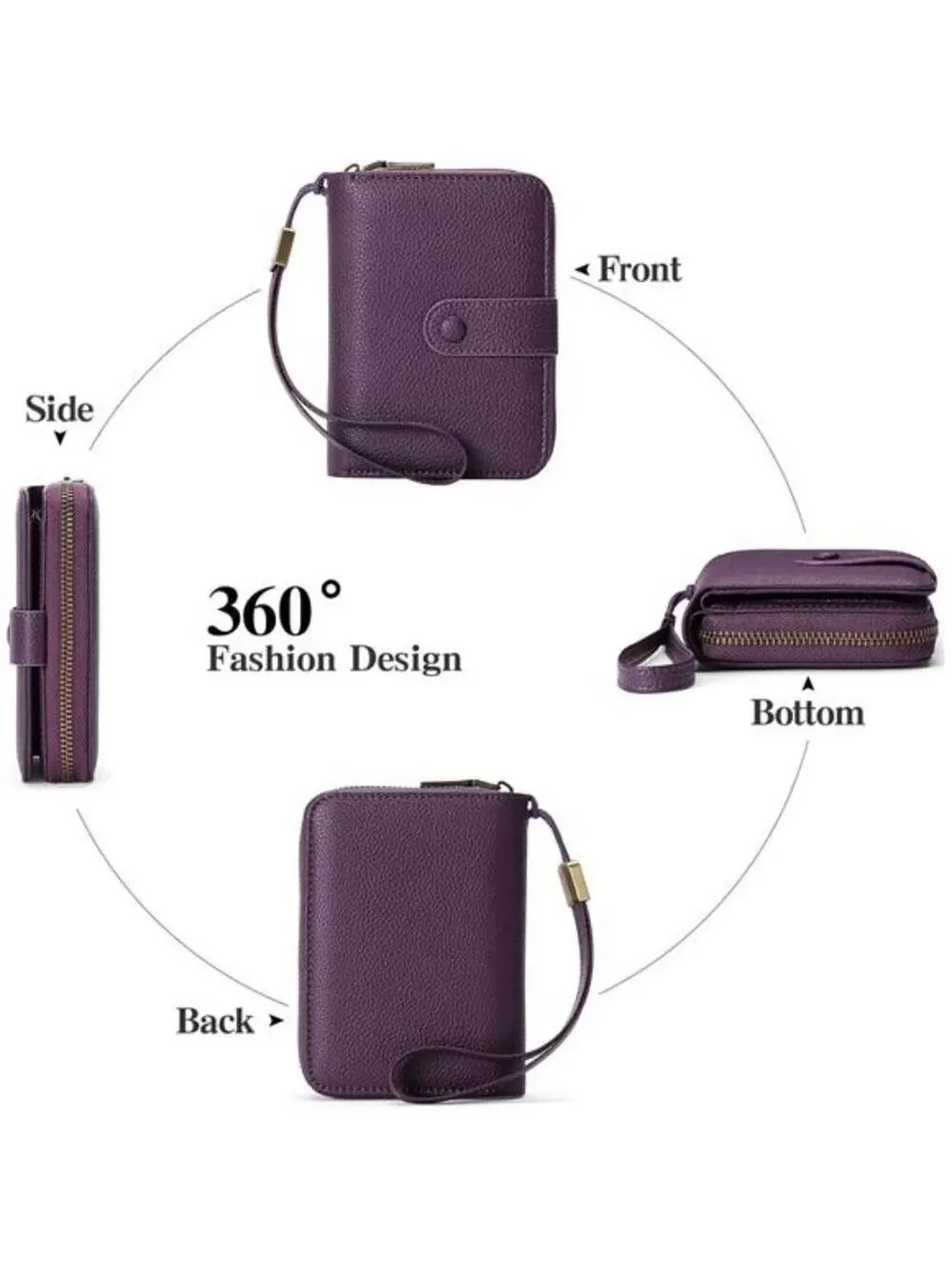RFID Leather Wallet for Women Large Capacity Card Holder Zipper Bifold Wristlet